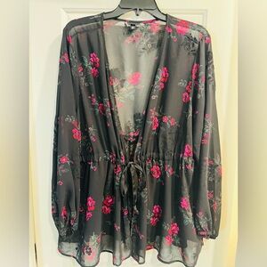 Torrid Black Kimono Blouse with Pink Floral Design